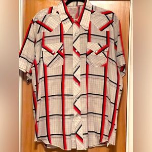 Ranchwear Permanent press Red and Black striped shirt. Short sleeves.